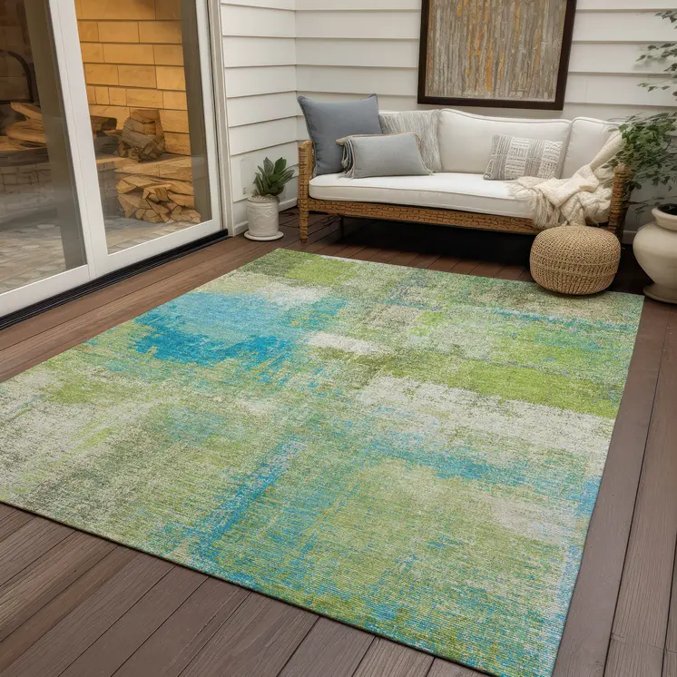 9' X 12' Lime Green And Sky Blue Abstract Washable Indoor Outdoor Area Rug