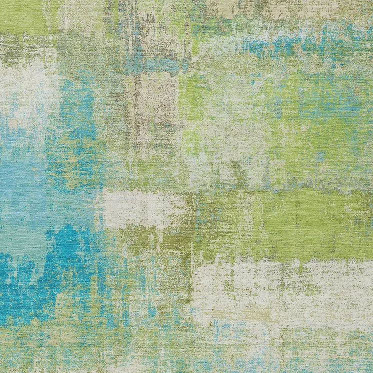 9' X 12' Lime Green And Sky Blue Abstract Washable Indoor Outdoor Area Rug