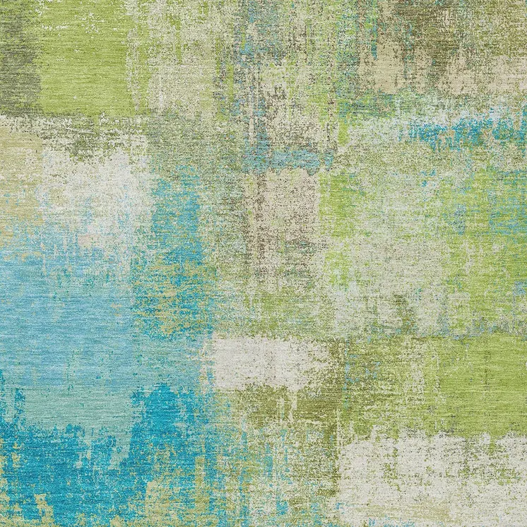 10' X 14' Lime Green And Sky Blue Abstract Washable Indoor Outdoor Area Rug