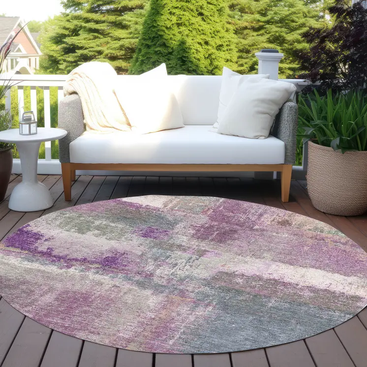 8' Lavender And Purple Round Abstract Washable Indoor Outdoor Area Rug