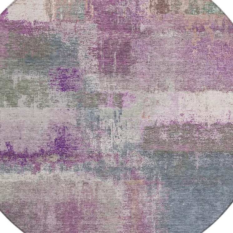 8' Lavender And Purple Round Abstract Washable Indoor Outdoor Area Rug
