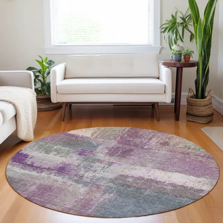 8' Lavender And Purple Round Abstract Washable Indoor Outdoor Area Rug