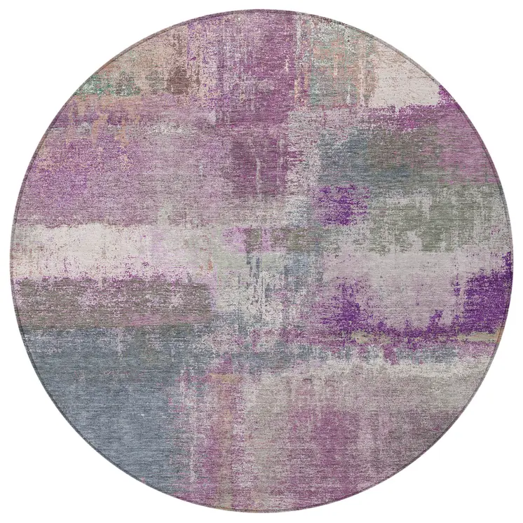 8' Lavender And Purple Round Abstract Washable Indoor Outdoor Area Rug