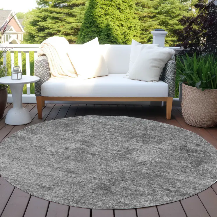 8' Gray And Smoky Black Round Abstract Washable Indoor Outdoor Area Rug