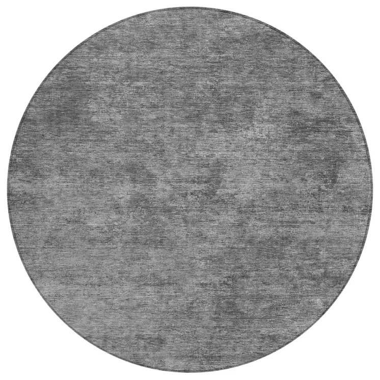 8' Gray And Smoky Black Round Abstract Washable Indoor Outdoor Area Rug