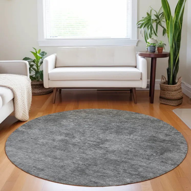 8' Gray And Smoky Black Round Abstract Washable Indoor Outdoor Area Rug