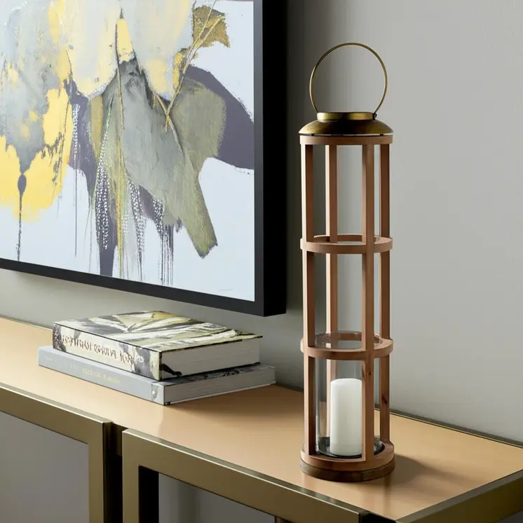 35" Natural And Brass Distressed Geometric Solid Wood And Metal Tabletop Lantern Candle Holder