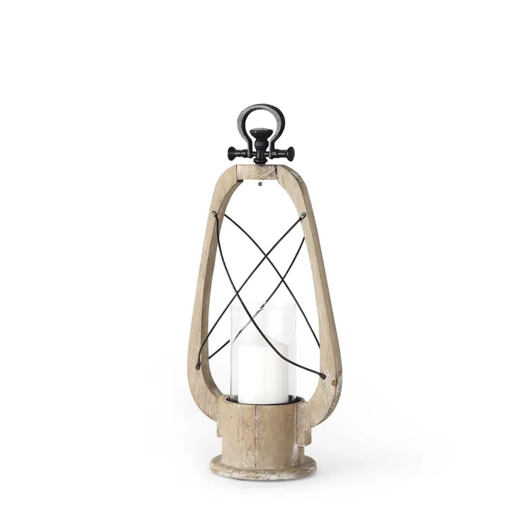 21" Brown And Black Distressed Abstract Solid Wood Metal And Glass Tabletop Lantern Candle Holder