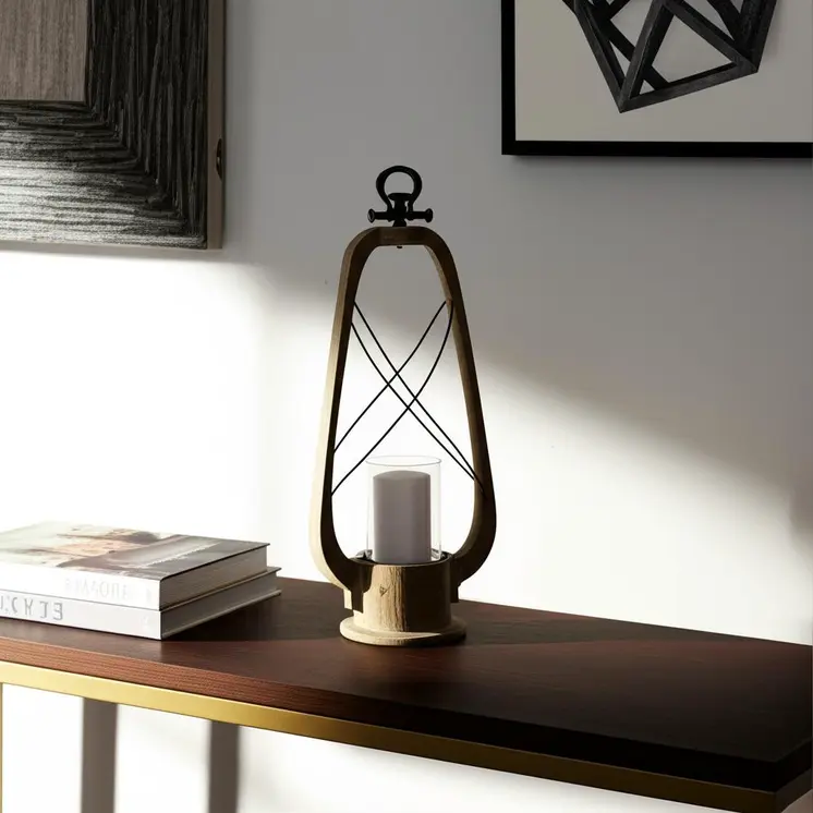 25" Brown Distressed Abstract Solid Wood And Metal Tabletop Lantern Candle Holder