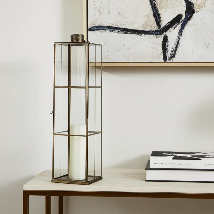 31" Gold Distressed Geometric Metal Tabletop Lantern Candle Holder