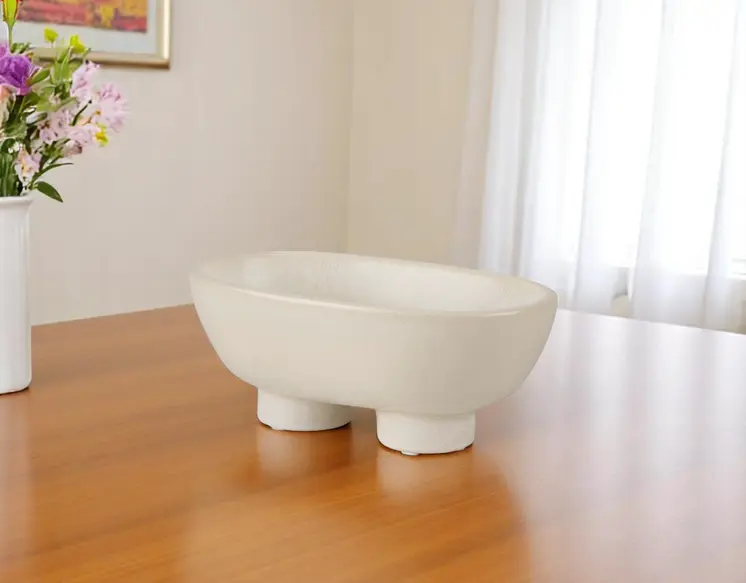 8" Cream Ceramic Oval Pedestal Centerpiece Bowl