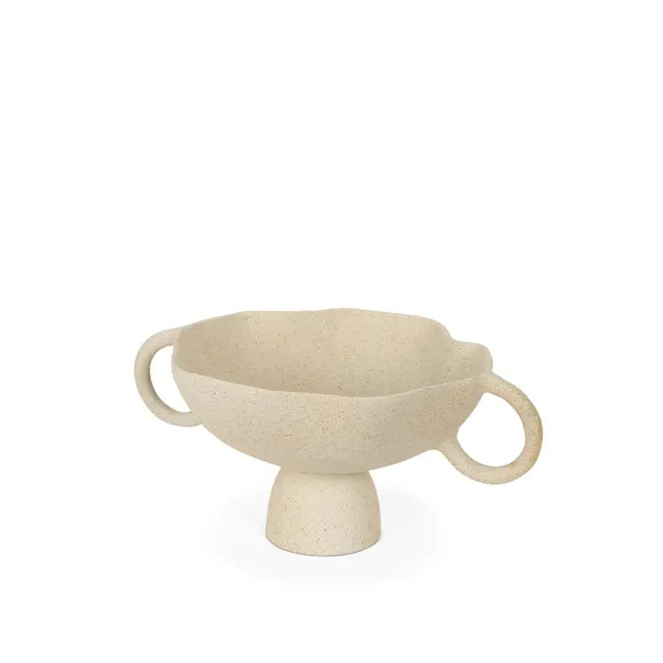 11" Beige Cast Aluminum Round Pedestal Centerpiece Bowl With Handles
