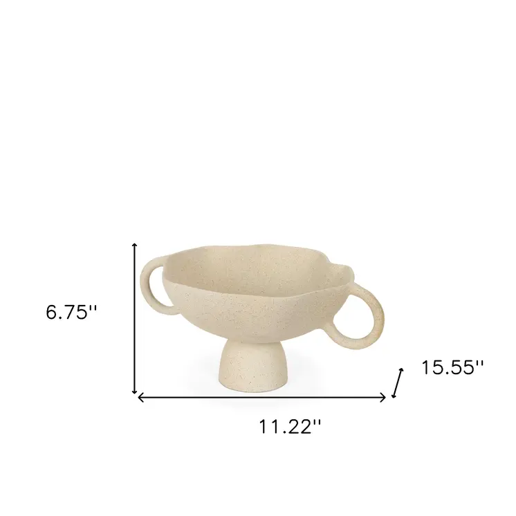 11" Beige Cast Aluminum Round Pedestal Centerpiece Bowl With Handles