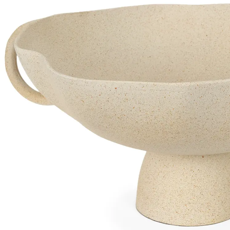 16" Beige Cast Aluminum Round Pedestal Centerpiece Bowl With Handles