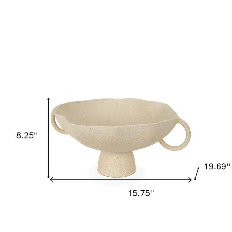 16" Beige Cast Aluminum Round Pedestal Centerpiece Bowl With Handles