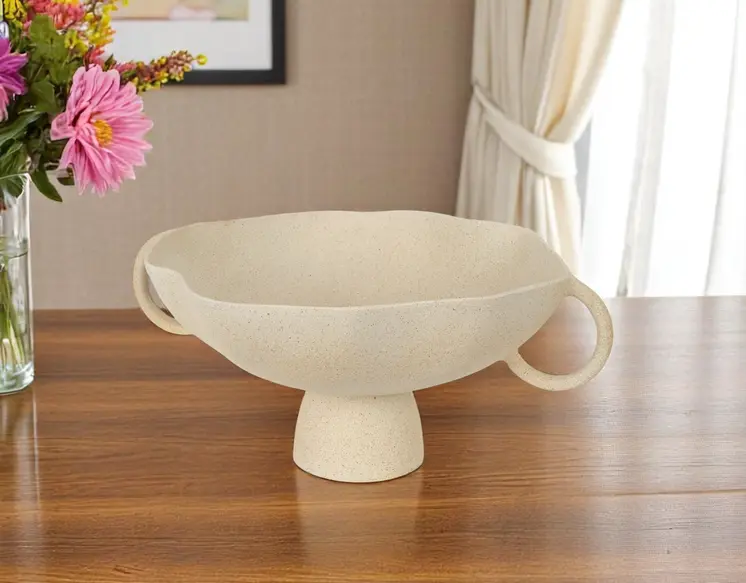 16" Beige Cast Aluminum Round Pedestal Centerpiece Bowl With Handles