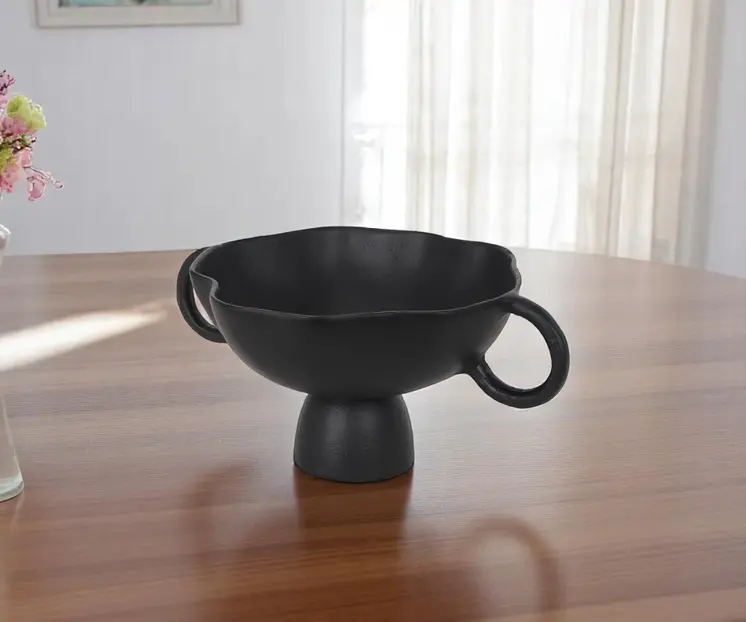11" Black Metal Round Pedestal Centerpiece Bowl