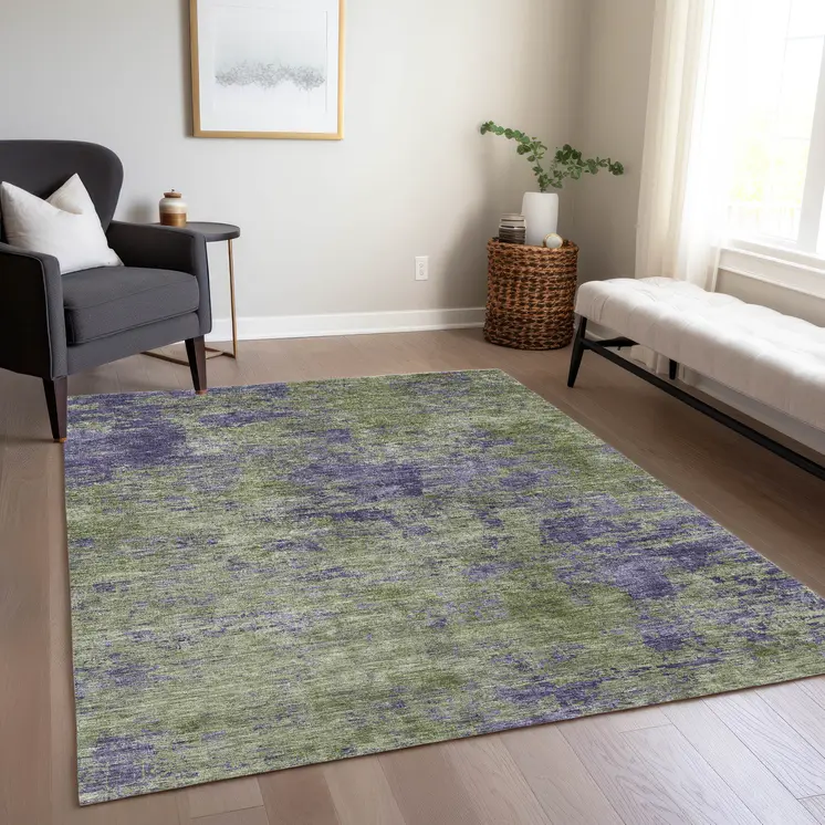 5' X 8' Olive Green And Dark Purple Abstract Washable Indoor Outdoor Area Rug
