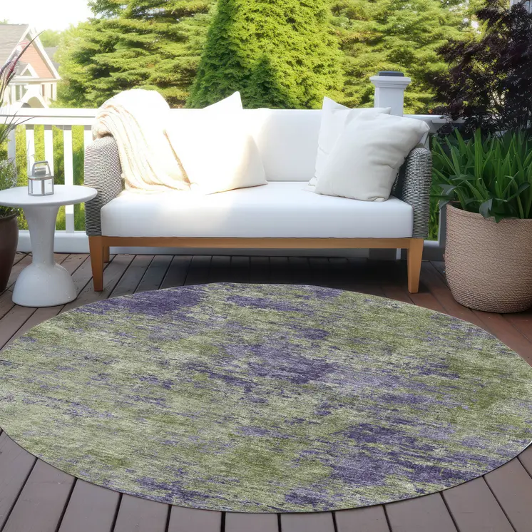 8' Olive Green And Dark Purple Round Abstract Washable Indoor Outdoor Area Rug