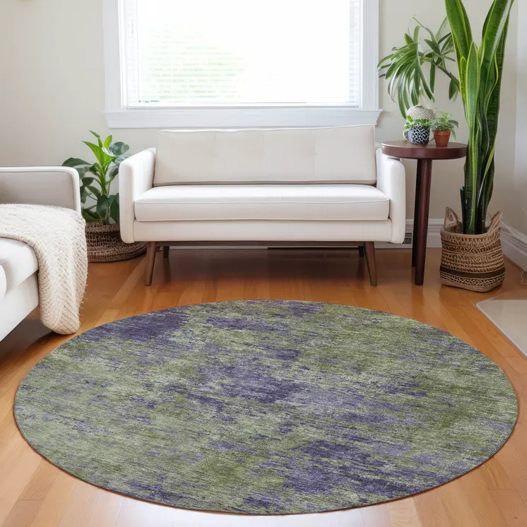 8' Olive Green And Dark Purple Round Abstract Washable Indoor Outdoor Area Rug