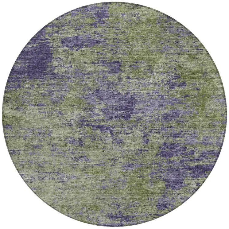 8' Olive Green And Dark Purple Round Abstract Washable Indoor Outdoor Area Rug