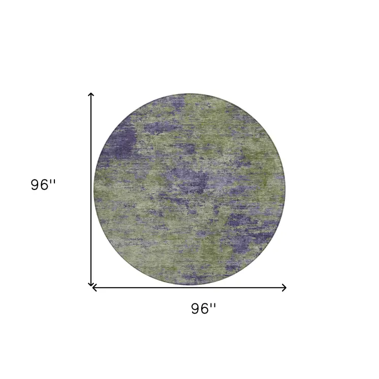 8' Olive Green And Dark Purple Round Abstract Washable Indoor Outdoor Area Rug