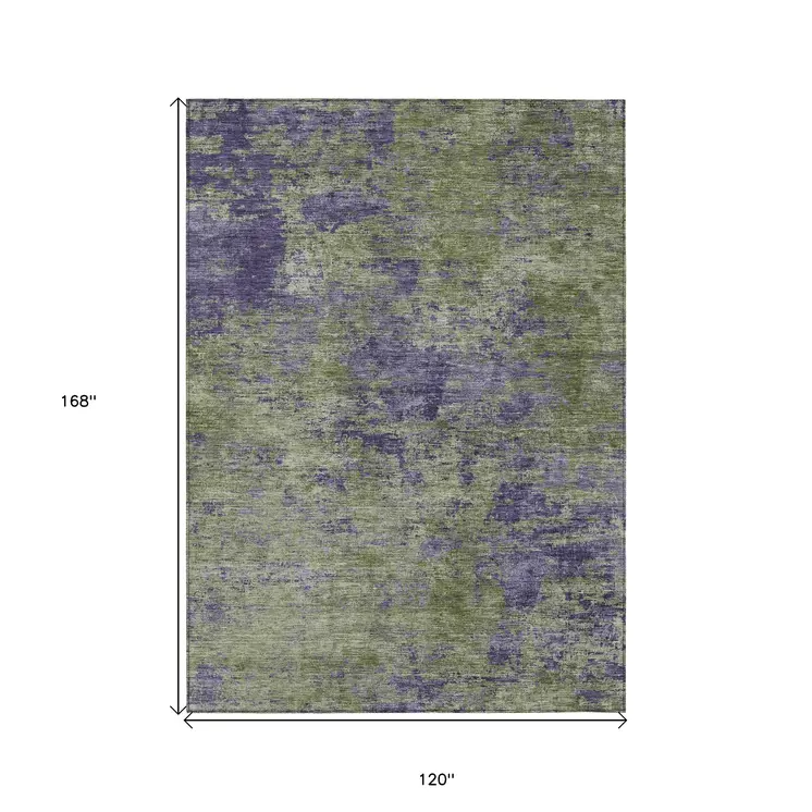 10' X 14' Olive Green And Dark Purple Abstract Washable Indoor Outdoor Area Rug