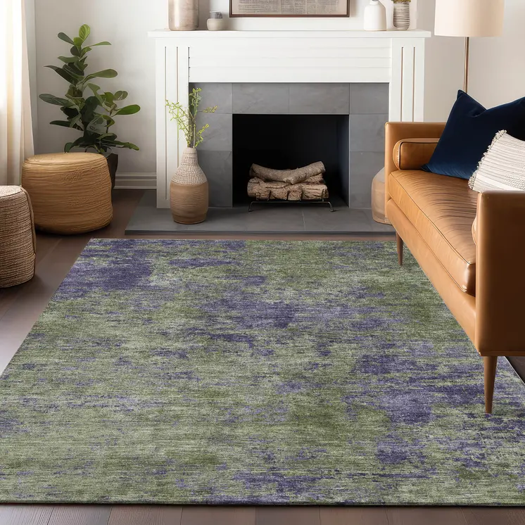 10' X 14' Olive Green And Dark Purple Abstract Washable Indoor Outdoor Area Rug