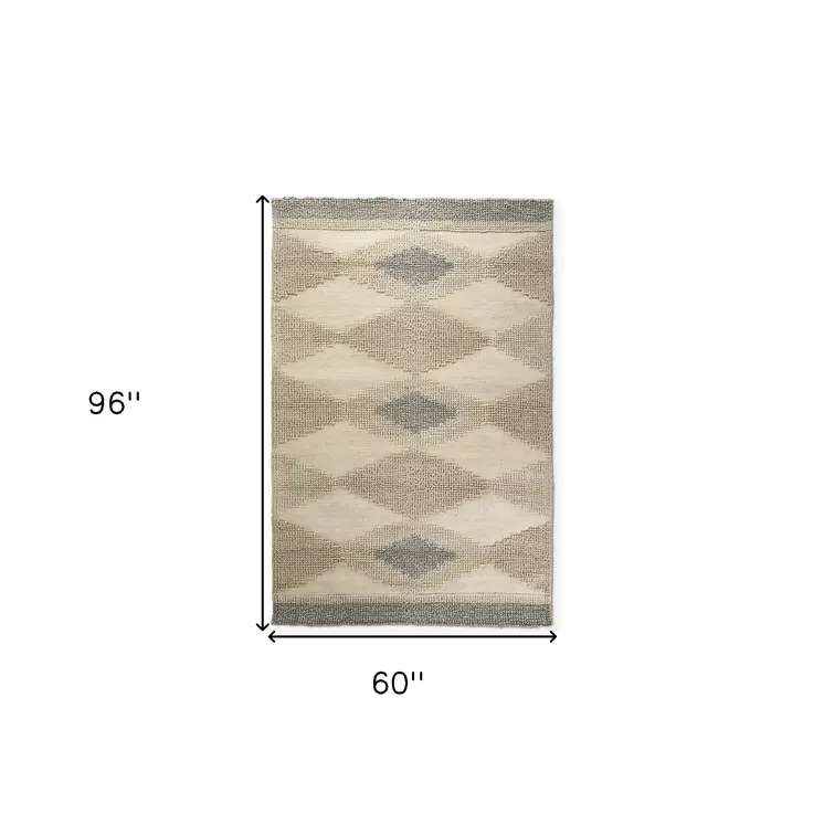 5' X 8' Beige Brown Gray And Ivory Wool Geometric Hand Woven Area Rug