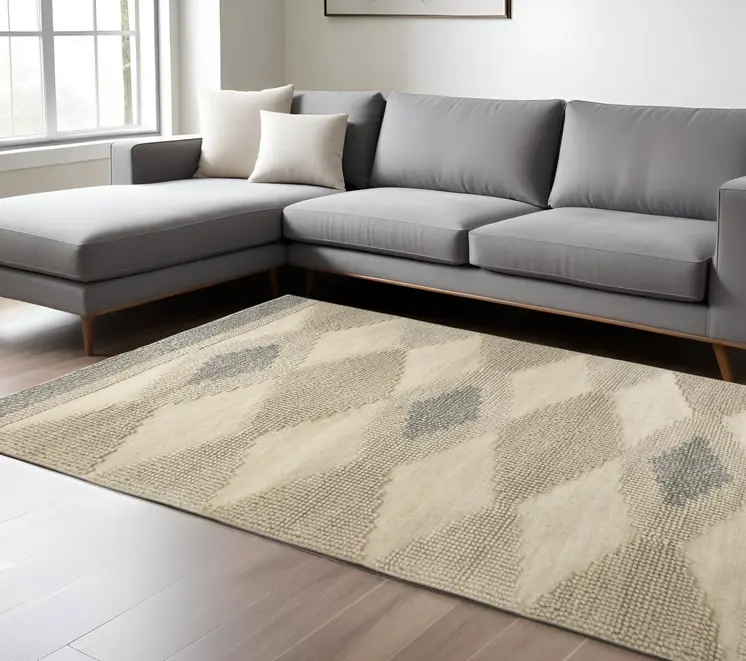8' X 10' Beige Brown Gray And Ivory Wool Geometric Hand Woven Area Rug