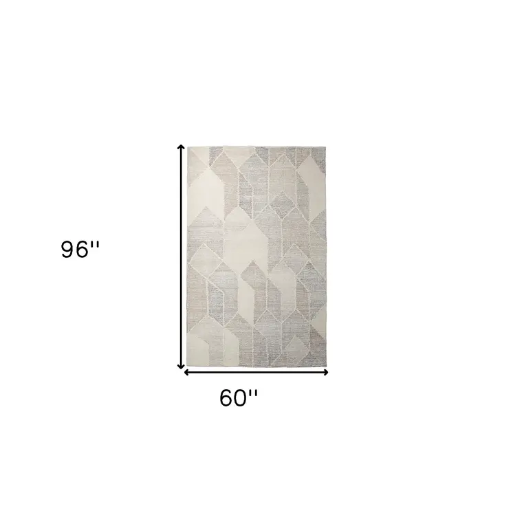 5' X 8' Beige Gray And Ivory Wool Geometric Hand Woven Area Rug