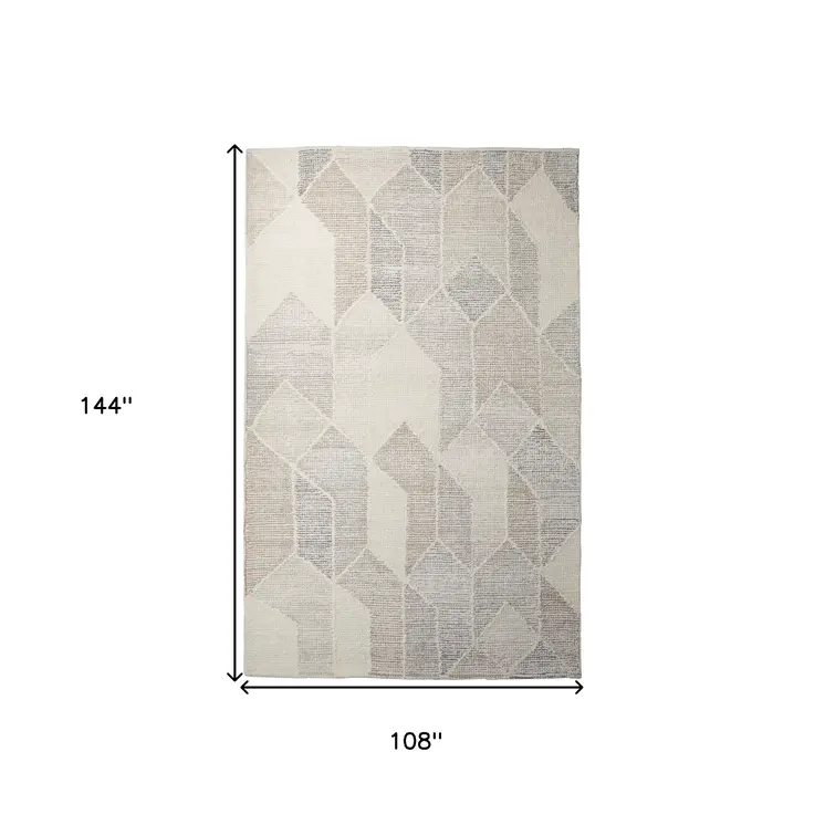 9' X 12' Beige Gray And Ivory Wool Geometric Hand Woven Area Rug