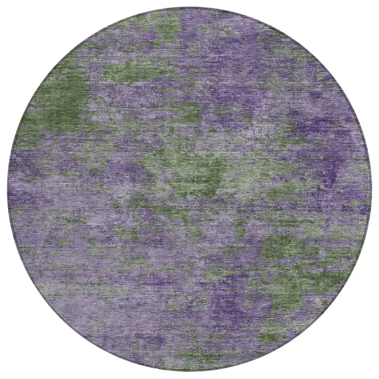 8' Purple And Green Round Abstract Washable Indoor Outdoor Area Rug