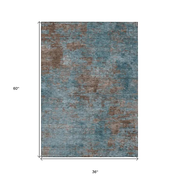 3' X 5' Teal Blue And Brown Abstract Washable Indoor Outdoor Area Rug