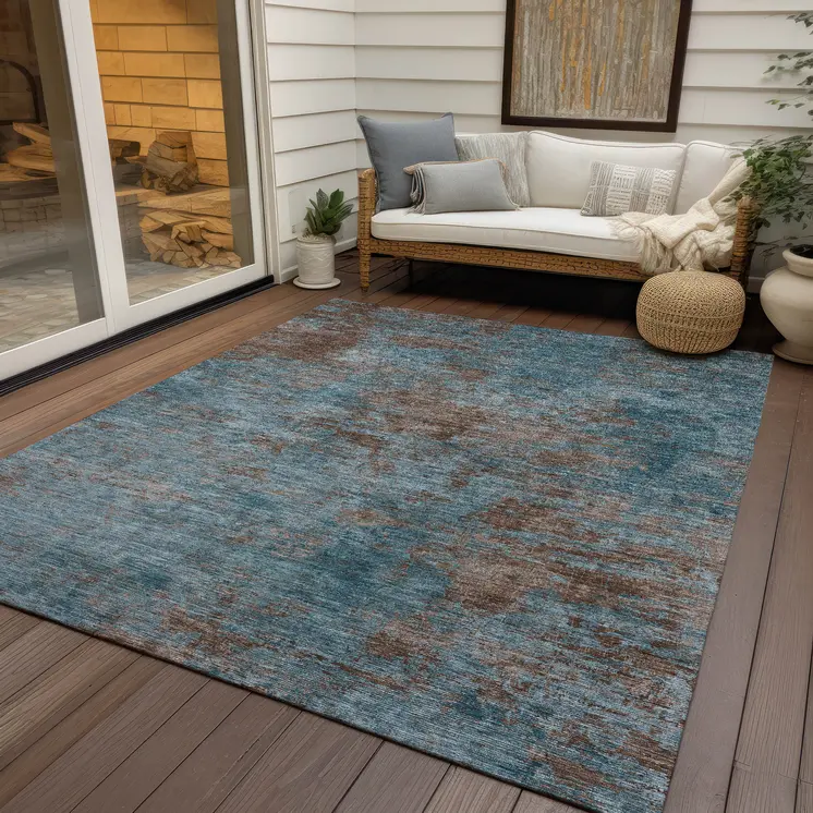 3' X 5' Teal Blue And Brown Abstract Washable Indoor Outdoor Area Rug