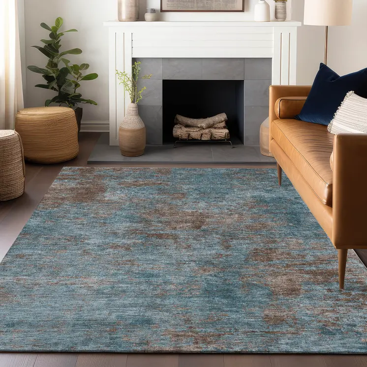 3' X 5' Teal Blue And Brown Abstract Washable Indoor Outdoor Area Rug