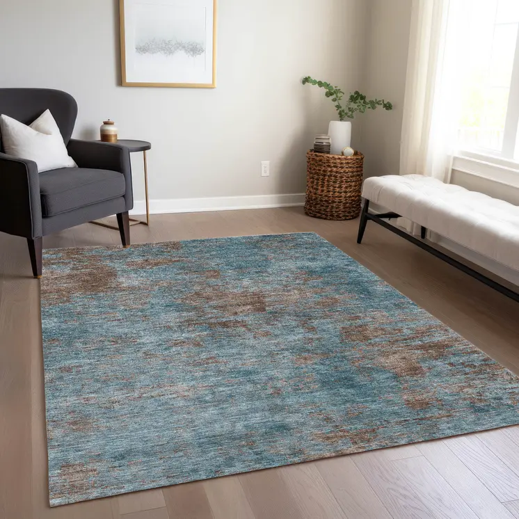 3' X 5' Teal Blue And Brown Abstract Washable Indoor Outdoor Area Rug