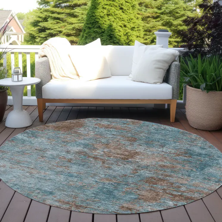 8' Teal Blue And Brown Round Abstract Washable Indoor Outdoor Area Rug
