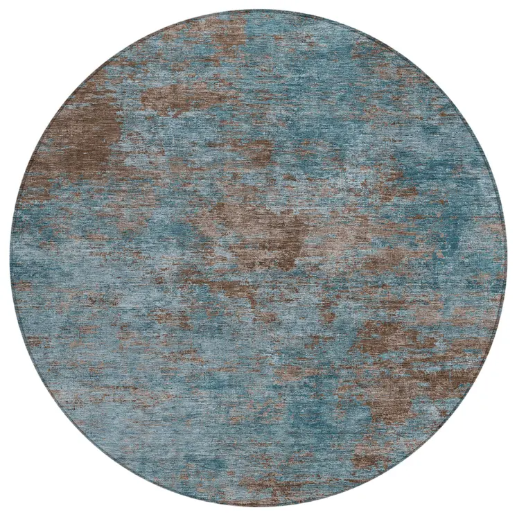 8' Teal Blue And Brown Round Abstract Washable Indoor Outdoor Area Rug