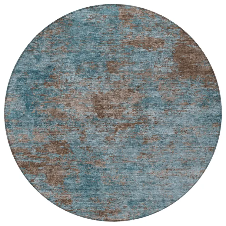 8' Teal Blue And Brown Round Abstract Washable Indoor Outdoor Area Rug
