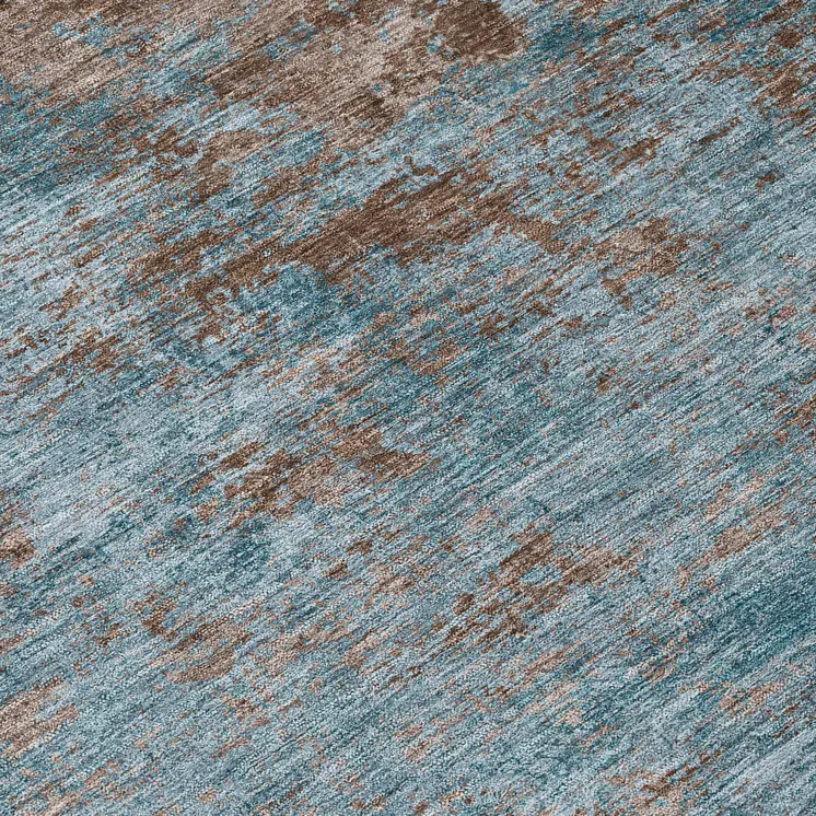 8' Teal Blue And Brown Round Abstract Washable Indoor Outdoor Area Rug