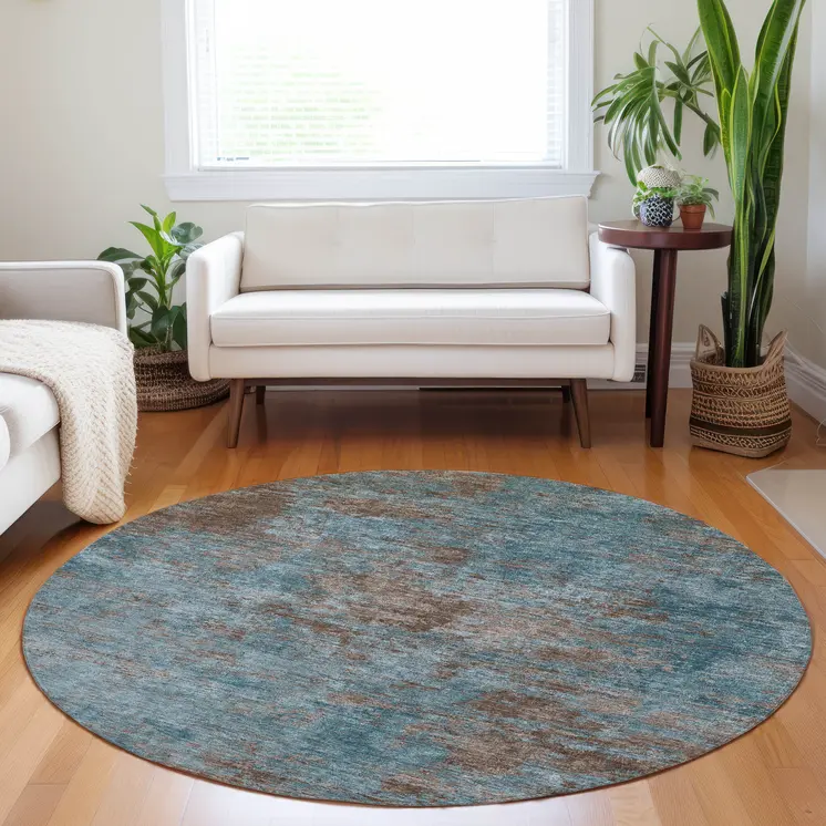 8' Teal Blue And Brown Round Abstract Washable Indoor Outdoor Area Rug