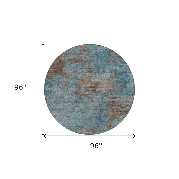 8' Teal Blue And Brown Round Abstract Washable Indoor Outdoor Area Rug