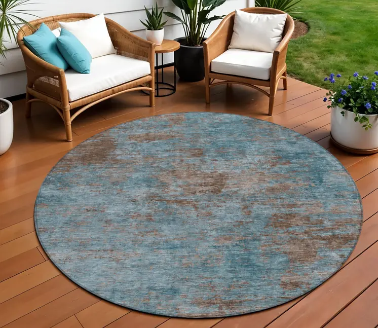 8' Teal Blue And Brown Round Abstract Washable Indoor Outdoor Area Rug