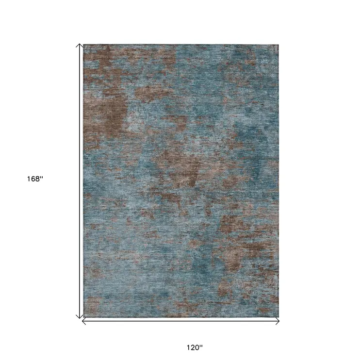 10' X 14' Teal Blue And Brown Abstract Washable Indoor Outdoor Area Rug