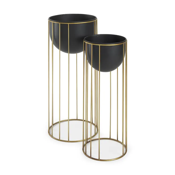 Set of Two Black Metal 20 Ounce Round Pot Planters