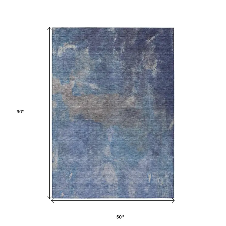 5' X 8' Blue And Denim Blue Abstract Washable Indoor Outdoor Area Rug