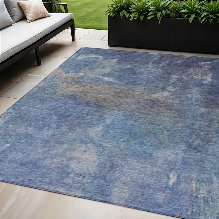 5' X 8' Blue And Denim Blue Abstract Washable Indoor Outdoor Area Rug