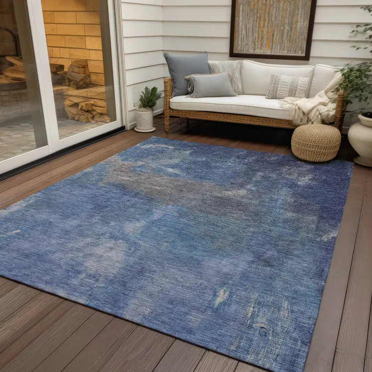 5' X 8' Blue And Denim Blue Abstract Washable Indoor Outdoor Area Rug