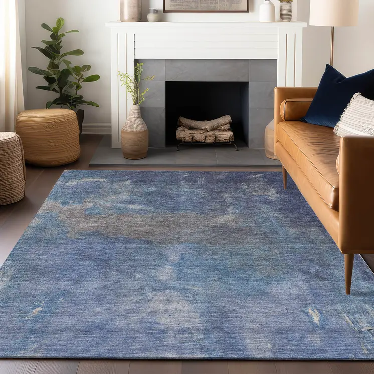 5' X 8' Blue And Denim Blue Abstract Washable Indoor Outdoor Area Rug